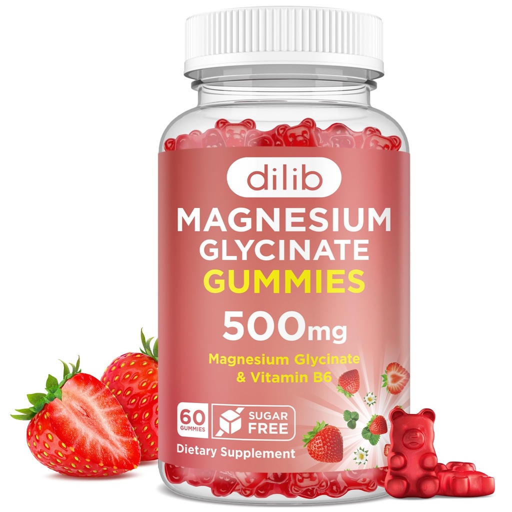 Magnésium Glycinat Gommies 500mg - Supplément de magnésium avec vitamine B6 pour les adultes et Magnésium pour les enfants - Magnésium calme pour le sommeil, l'humeur, le soutien musculaire - Flaveur de fraises, 60 Gommies