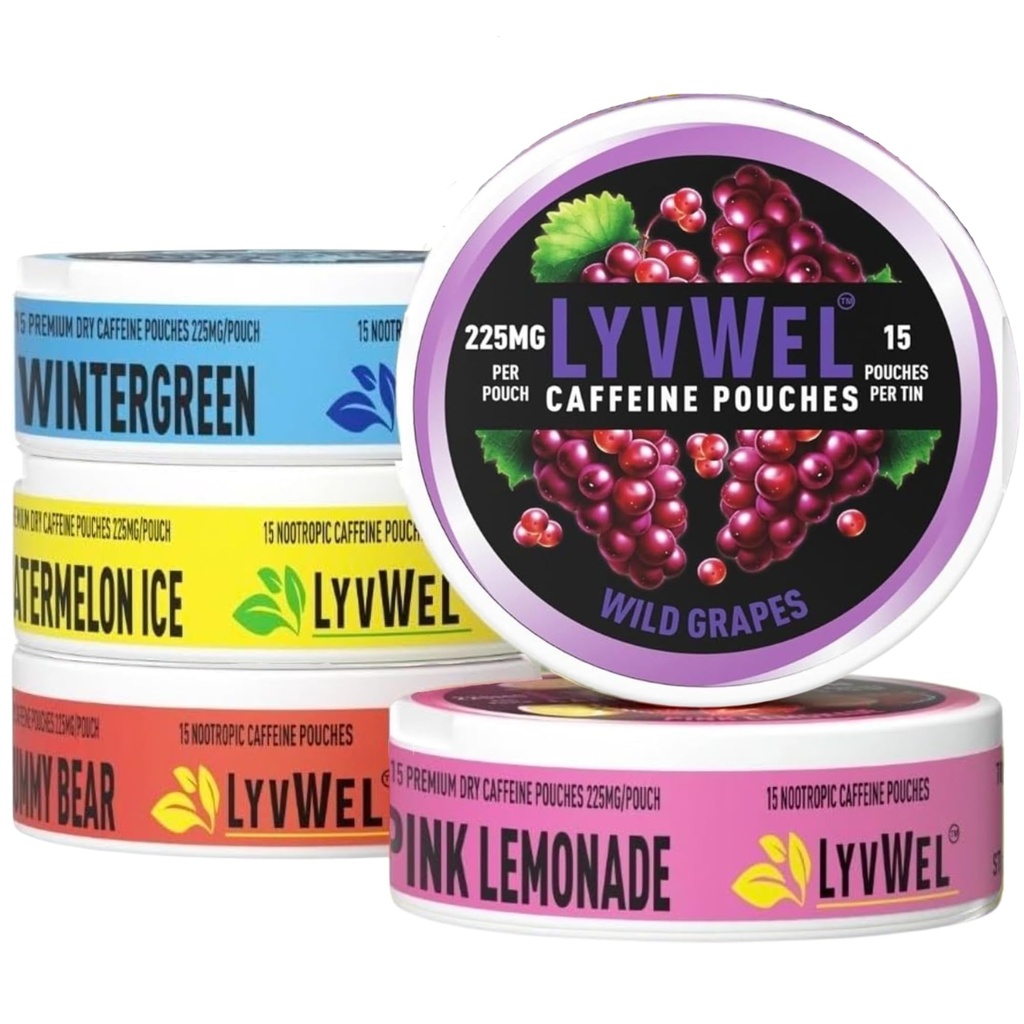 LyvWel 225mg Koffein-Energiebeutel | Nootropic Focus & Neuro Support | Tabakfreie, nikotinfreie, schnelle Energielösung | 5-Pack: 60 Beutel (5 Packung, Multi-Pack)