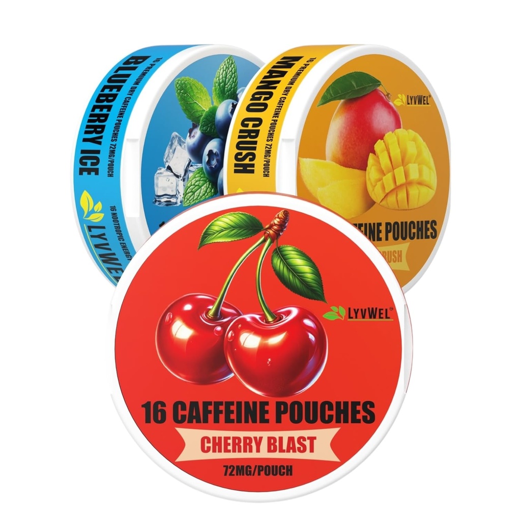 LyvWel 72mg Caffeine Energy Pouches – Cherry Blast, Blueberry Ice, Mango Crush – Saubere Energie mit Guarana für Focus & Stamina – 3-Pack (48 Total Pouches)