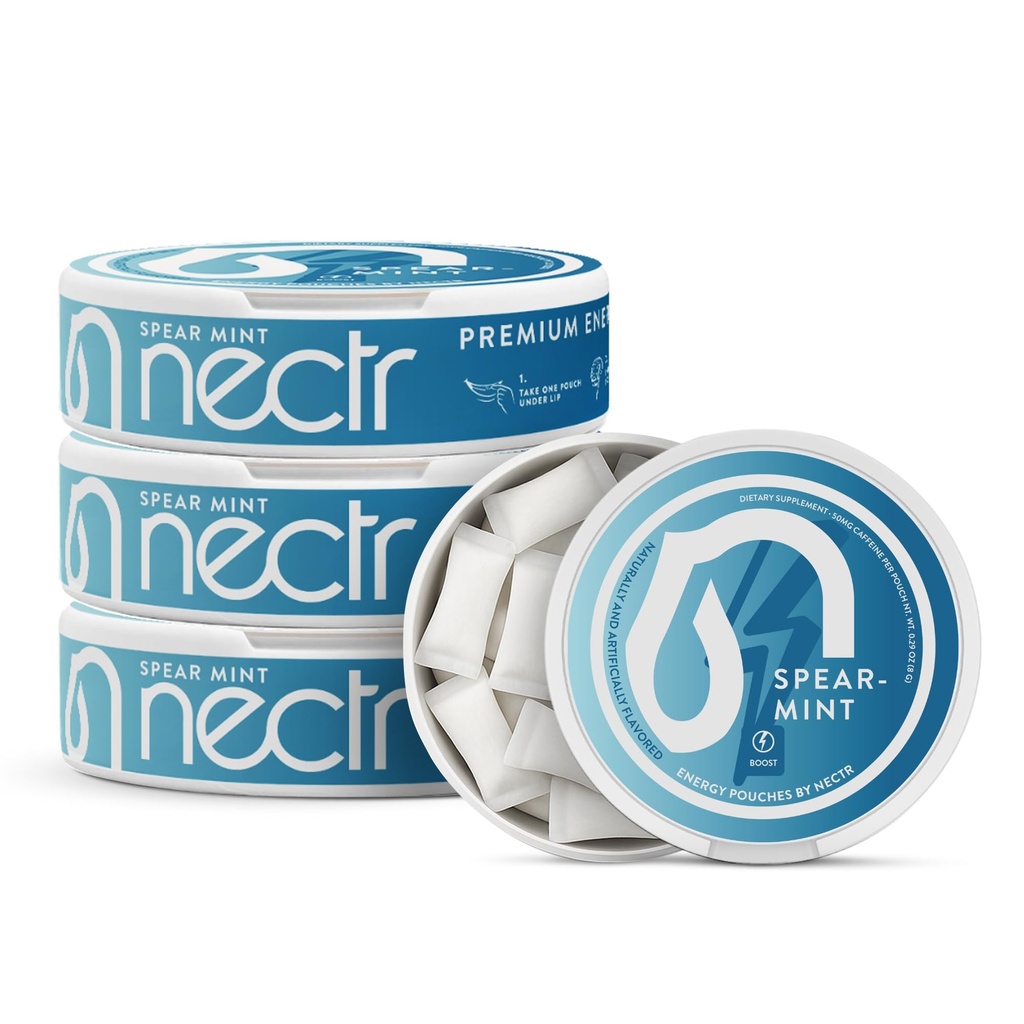 Nectr Energy 50mg Pouches de caféine - Spearmint aromatisé, sans sucre des soins du cerveau. 20x Mini Pouches sans nicotine par rondelle. Fast Focus & Energy Supplément - 4 Pack