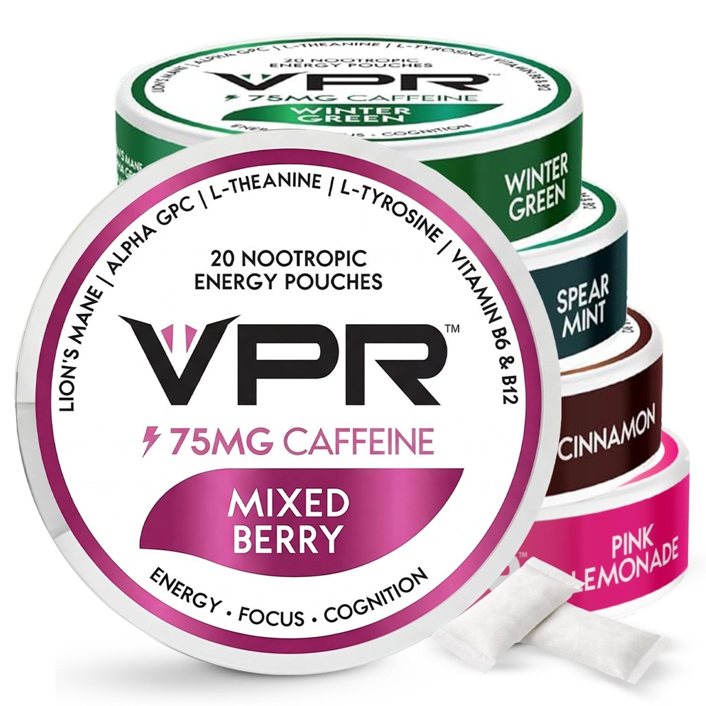 VPR 75mg Caféine Nootropic Pouches à 20 poches d'énergie avec la Mane de Lion, Alpha-GPC, Vitamine B6 & B12, L-Theanine et L-Tyrosine.