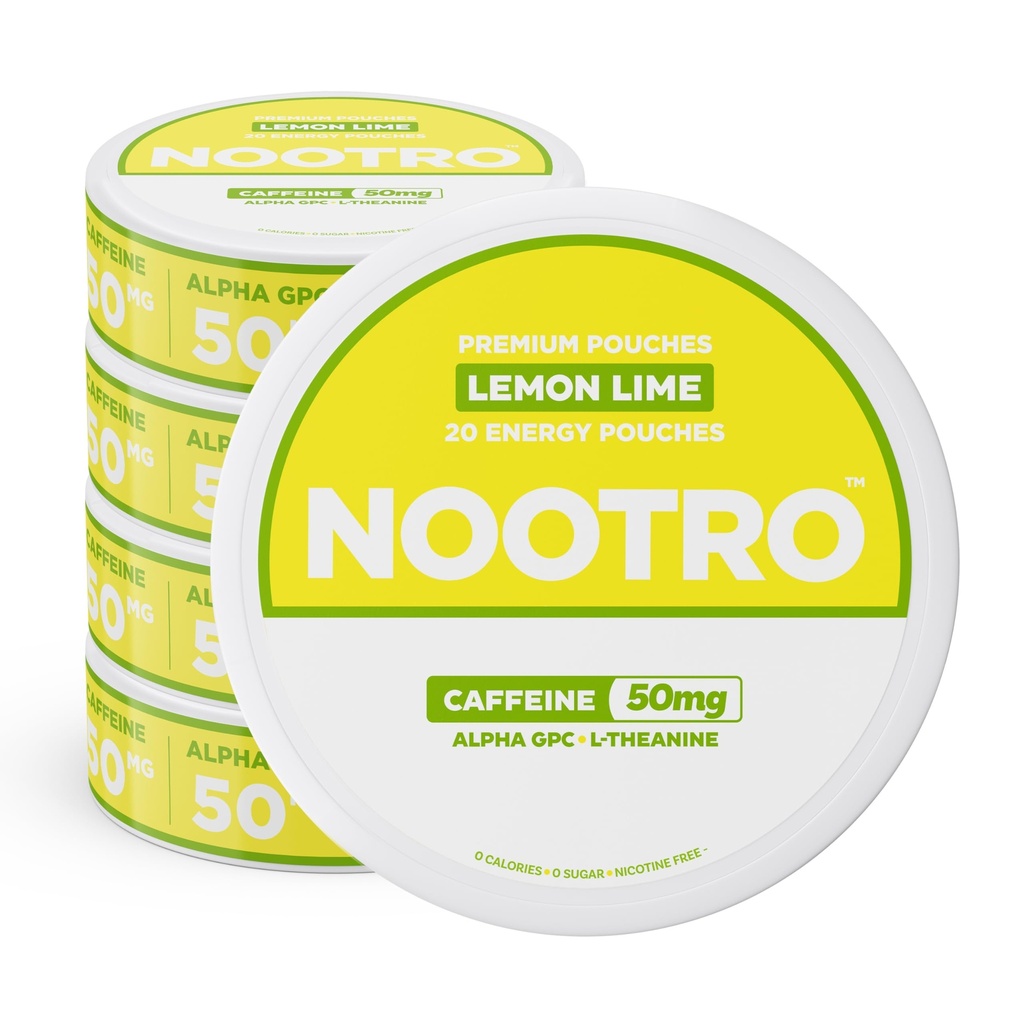 Nootro Koffein Nootropische Beutel (Zitronenkalk) - Energiebeutel mit 50mg Koffein, 50mg Alpha GPC, 50mg L-Theanin ohne Zucker und ohne Kalorien - 20 Beutel pro Dose - 5 Packung