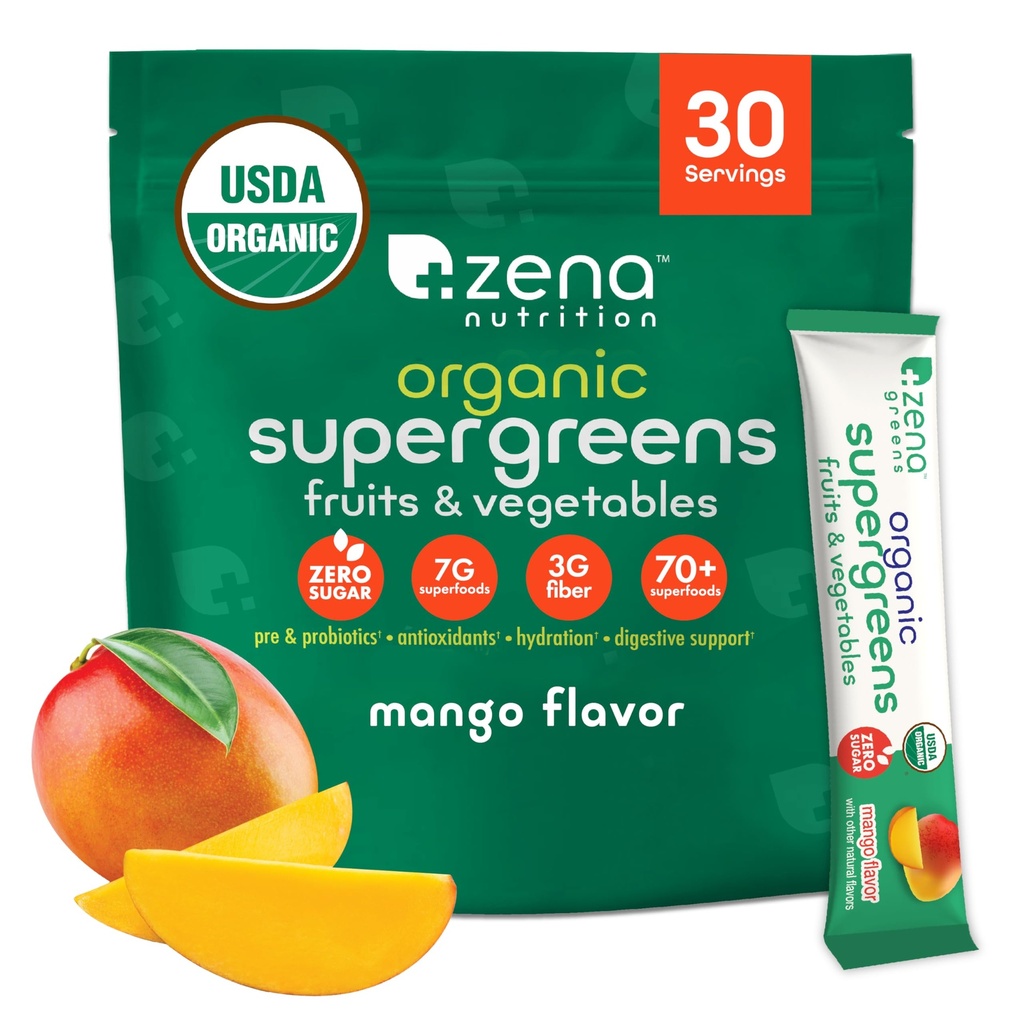 Zena Nutrition Bio Super Greens Poudre, 70+ Superfoods, 0 Sucre, Fibre 3G, Spiruline, Chlorella, Champignons, Prébiotiques/Probiotiques, Enzymes digestifs pour la santé des Guts, Mangue, 30 Boissons Mélange de Packets