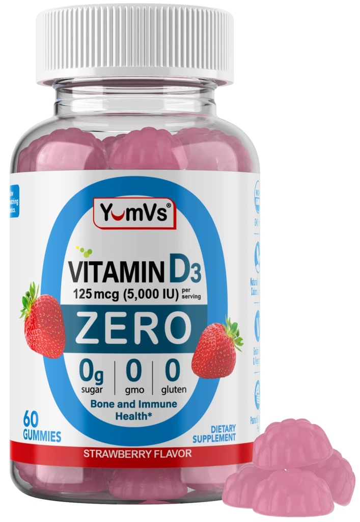 Yum-Vs - Vitamin D3 Gummi mit Zero Sugar für Erwachsene & Kinder (125 mcg - 60 Count) - Sugar Free Vitamin D Gummies - Vegetarische Gummy Vitamine für Knochenunterstützung & Immungesundheit - Vit D3 Vitamin Chewable