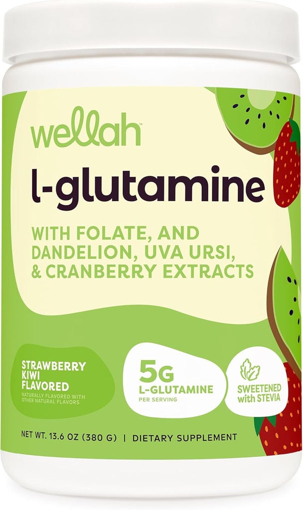 Wellah L-Glutamin Pulver Erdbeer Kiwi (50 Servierungen) - 5g L-Glutamin Per Servieren, mit Stevia gesüßt
