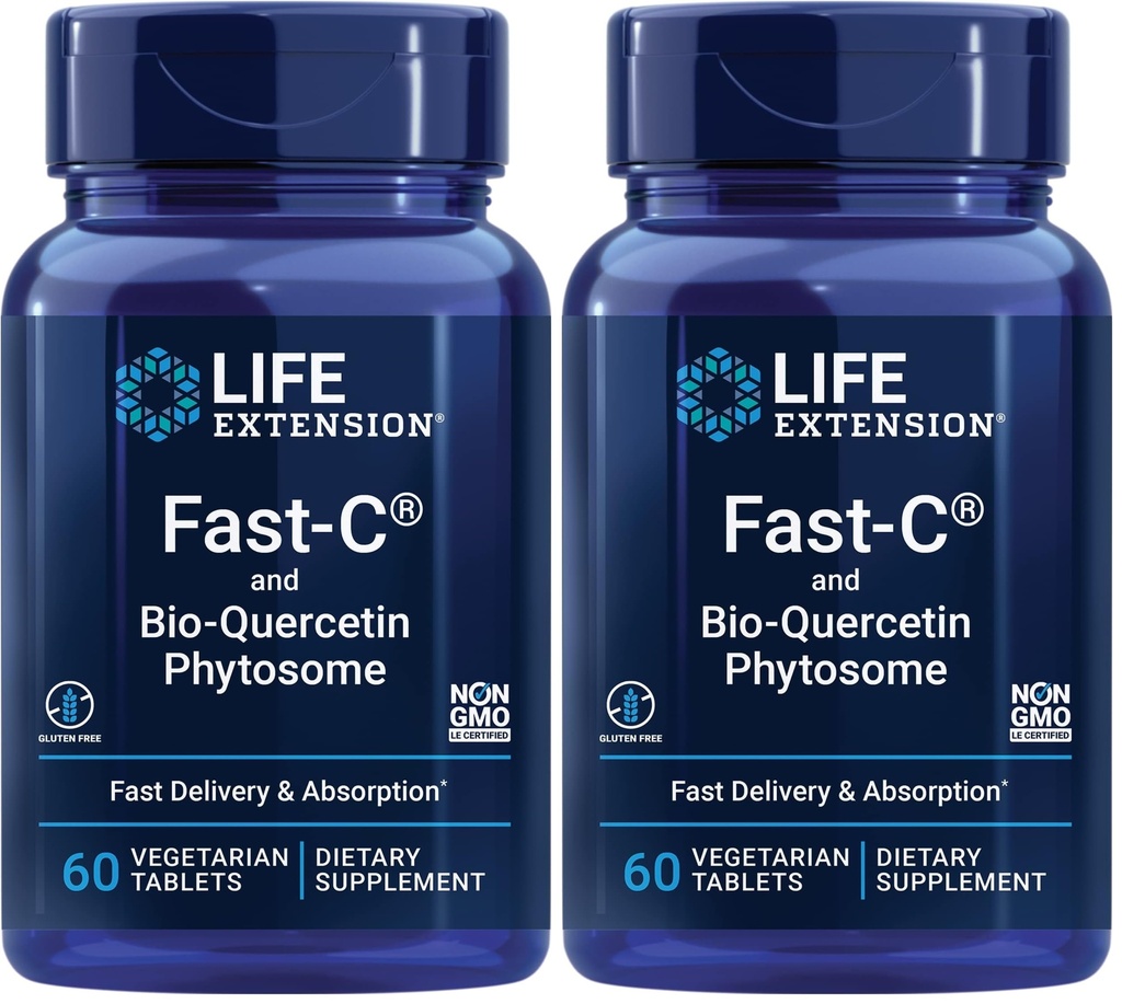 Life Extension Fast-C & Bio-Quercetin Phytosome – Livraison rapide et Absorption Vitamine C Supplément pour Optimum Immune Support – Sans gluten, sans OGM, végétarien – 60 comprimés (paquet de 2)