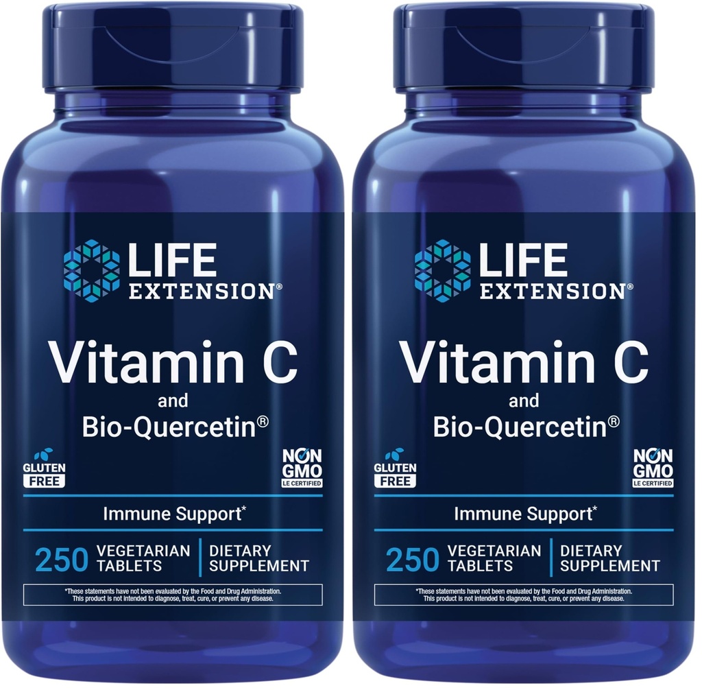 Extension de vie Vitamine C et Bio-Quercetin®, Supplément santé cardio-vasculaire,Support immunitaire,Highly absorbable,quercetin,Vitamine C,Sans gluten,Non-OGM,Végétarien,250 comprimés,(paquet de 2)