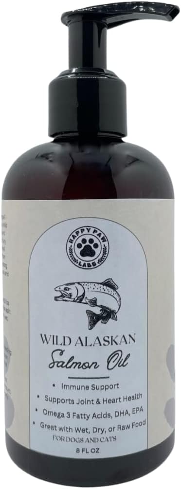 Huile de saumon sauvage pure d'Alaska pour chiens et chats - Supplément de peau et de manteau Omega 3, Acides gras naturels EPA + DHA pour la fonction articulaire, le cerveau, l'immunité et la santé cardiaque (8 FL OZ)