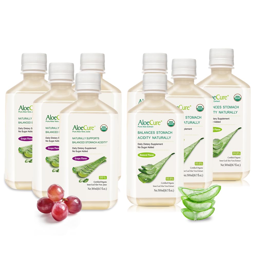 AloeCure Bio Aloe Vera Juice - 8 flacons d'échantillons - Raisin et arômes naturels, 8x500ml