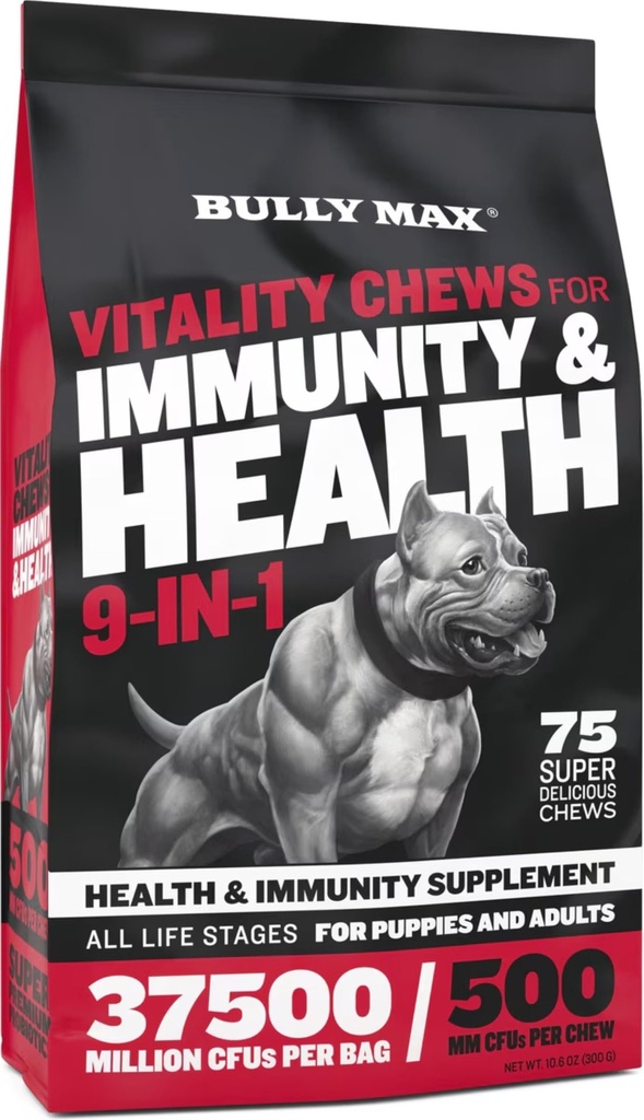 Bully Max Chien Chews & Multivitamine Treats pour chiens chiots et adultes - 75 Chews doux, compléments pour chiens et vitamines pour toutes les races - peau, manteau, cerveau, coeur, santé digestive, immunité, soutien articulaire