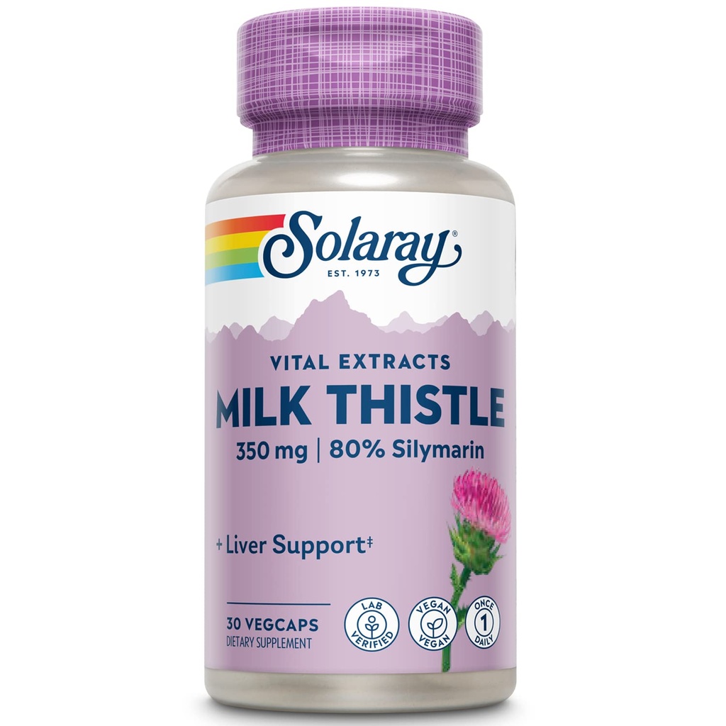 SOLARAY Milk Thistle Seed Extract 350 mg Garantiert, um 80% Silymarin, traditionelle Leberunterstützung, Vegan & Lab Verified for Quality, 60 Tage Geld-Back-Garantie, 30 Servietten, 30 VegCaps