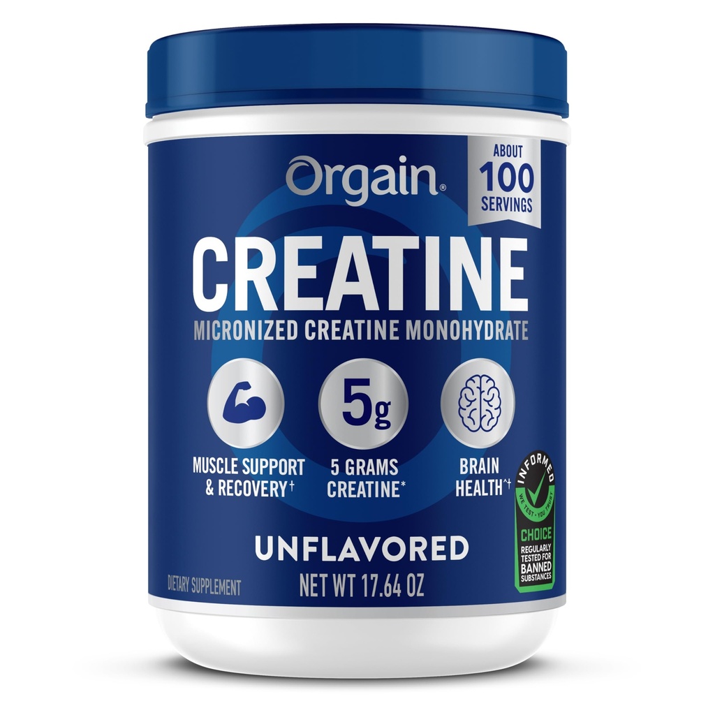Orgaine en poudre micronisée monohydratée en créatine, 100 portions, non aromatisées, soutient la croissance musculaire, la récupération post-entraînement et la santé cérébrale, aucun additif artificiel, pour les hommes et les femmes (paquetage mai Vary)