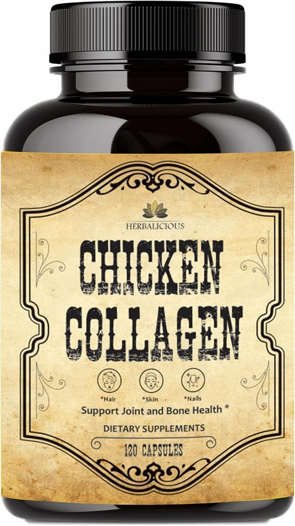 HERBALICIOUS Chicken Collagen Capsules – Collagen Supplement for Joint, Skin & Bone Support – Hydrolyzed Collagen Peptides from Chicken Bone Broth – Non-GMO, Anti-Aging – 120 Capsules