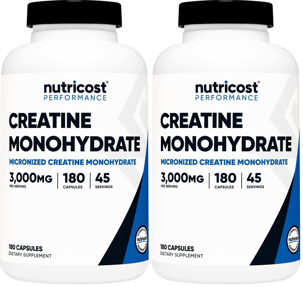Nutricost Creatine Monohydrate 3000mg, 180 Capsules (750mg par Capsule) - Sans gluten, sans OGM (paquet de 2)