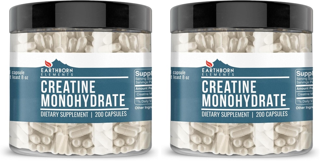 Éléments terriens Créatine monohydraté 200 capsules, pures et non diluées, sans additifs (paquet de 2)