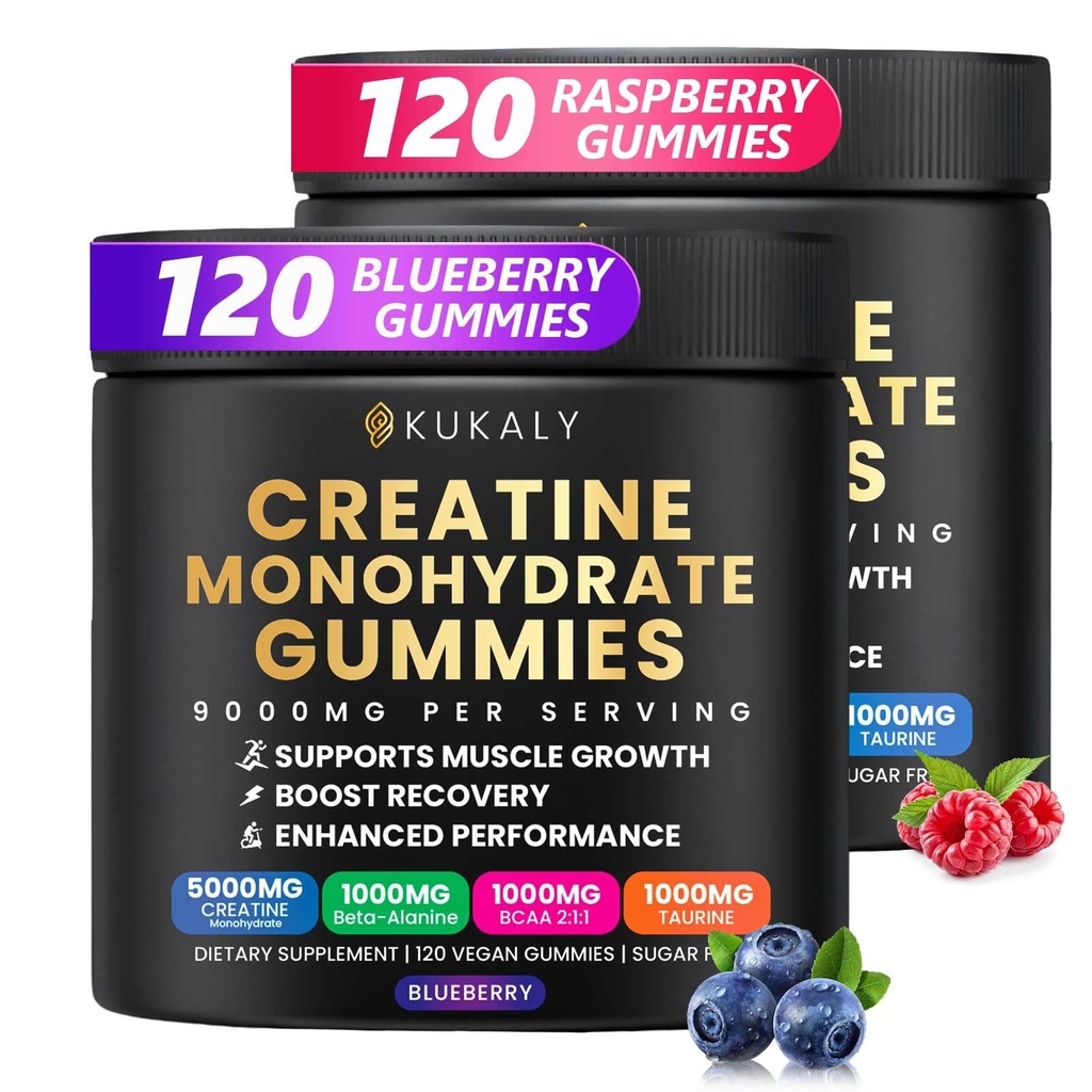 Gommies monohydratées créatine pour hommes et femmes, 9000MG Gommies créatine sans sucre - BCAA 2:1, B12 B6 pour stimuler la force, le focus et l'endurance, végétalien, non-OGM