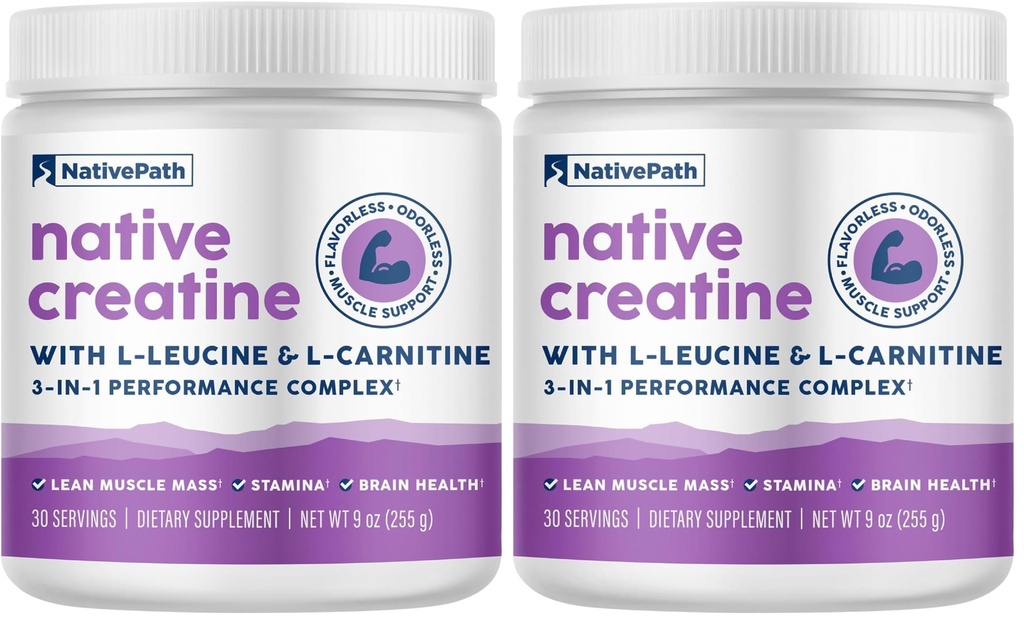 Poudre monohydratée NativePath Creatine avec L-Leucine et L-Carnitine - Supplément de construction musculaire pour hommes et femmes - 30 portions (paquet de 2)