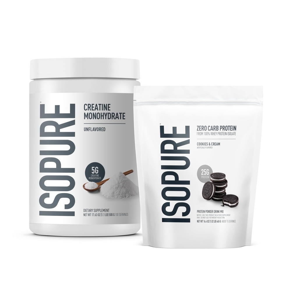 Isopure Bundle von Zero Carb 100% reine Whey Isolate Protein Pulver, Cookies & Cream, 25g Protein Per Serving, 1 Lb, 15 Servierungen + Isopure 100% reines Kreatin Monohydratpulver, 100 Servierungen