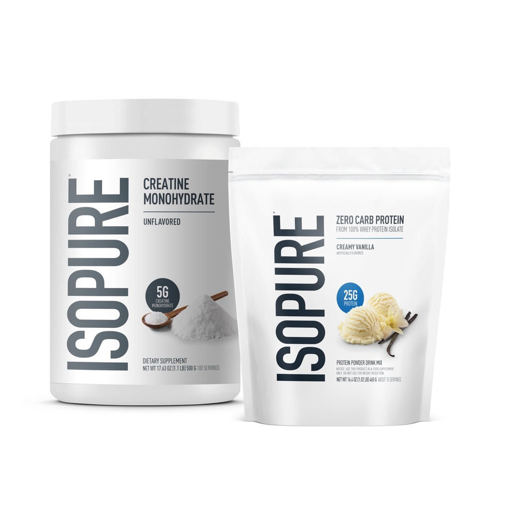 Isopure Bundle von Zero Carb 100% reine Whey Isolate Protein Powder, Creamy Vanilla, 25g Protein Per Serving, 1 Lb, 14 Servierungen + Isopure 100% reines Kreatin Monohydratpulver, 100 Servierungen