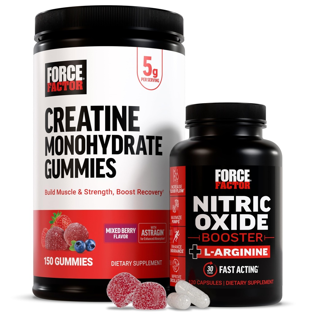 Facteur de force Gommies créatine, 5 Grams Monohydrate de créatine, Berry mélangé, 150 Gommies, 30 portions Booster à oxyde nitrique, Formule à action rapide avec L-Arginine, 120 Capsules