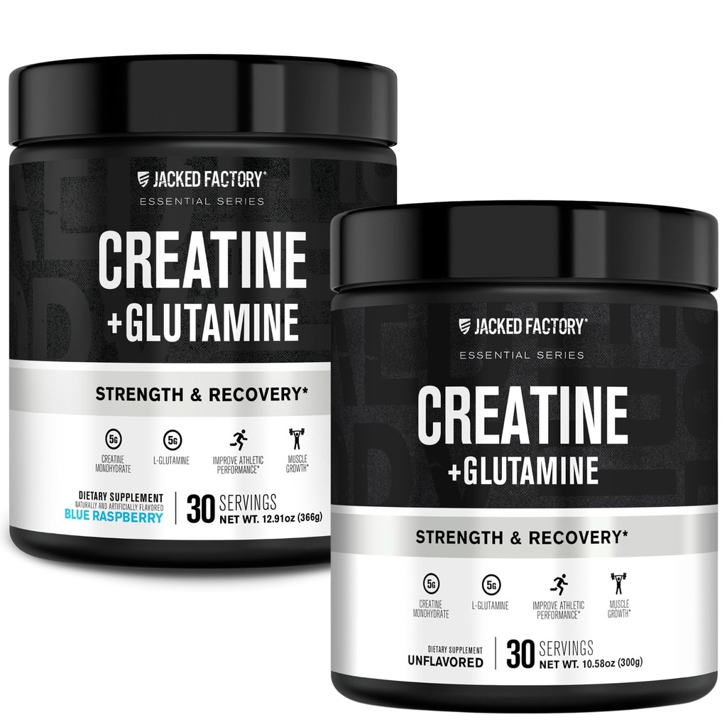 Jacked Factory Creatine + Glutamin - Kreatin-Ergänzung mit L-Glutamin für Muskel-Recovery, Muskel-Wachstum, erhöhte Stärke (30 Servierungen, Unflavored & 30 Servierungen, Blauer Himbeer)