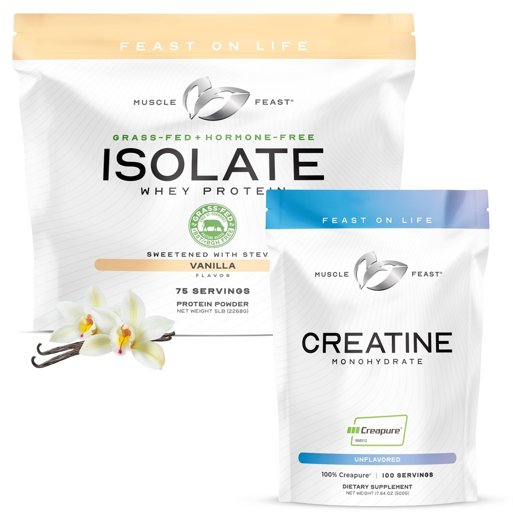 Bundle de la fête des muscles – Creapur Creatine Poudre monohydratée non aromatisée 500g (1 unité) + Isolate de protéines de lactosérum à l'herbe Vanille 5lb (1 unité), toutes les pâtes naturelles sans hormones élevées