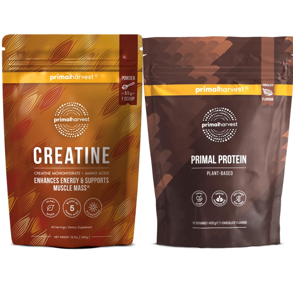 Primal Creatine Pulver + Schokolade Protein Vegan Pulver Bundle | 2-Pack | Muskelaufbau, Enhance Erholung & Kraftstoff Leistung | 30 Servierungen