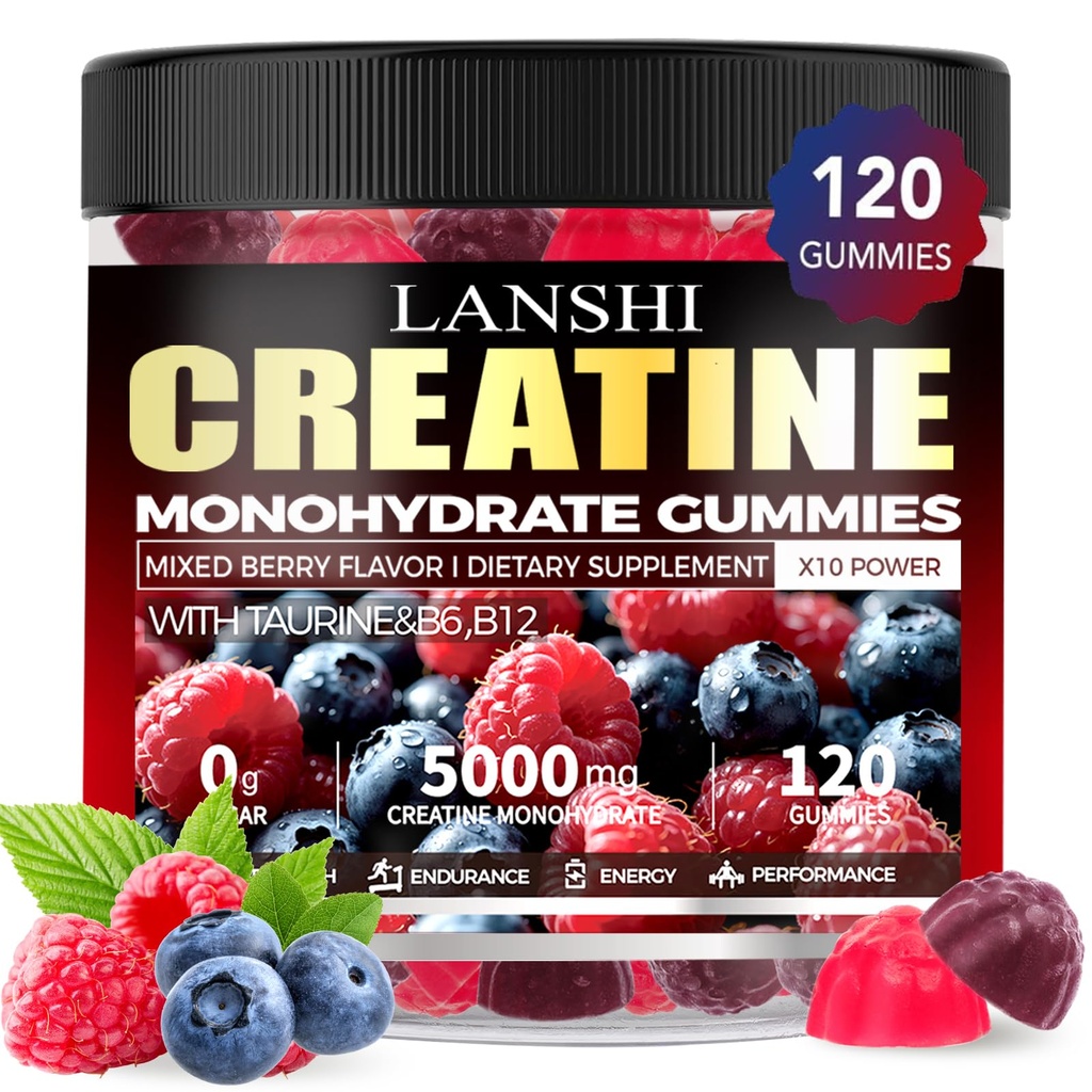 Creatine Monohydrate 5.000mg - Sugar Free Pre Workout Supplement für Männer & Frauen, Creatine Gummis für Muskel, Stärke, Erholung, kognitive Gesundheit & Gedächtnis, Mixed Berry Flavor, 120 Count