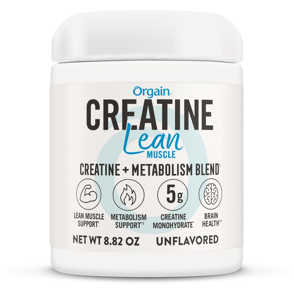Orgain Micronized Creatine Monohydrate Lean Muscle Powder mit Metabolism Blend, Unflavored, 50 Servierungen, unterstützt Muskelkraft und Gehirngesundheit, Keine Milch oder Soja, Glutenfrei, Vegan