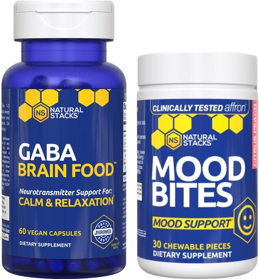 ÉTIQUETTES NATUREL Mood Bites + GABA Ensemble alimentaire pour le cerveau - Soutient la relaxation et l'amélioration de l'humeur* - 90 pièces totales