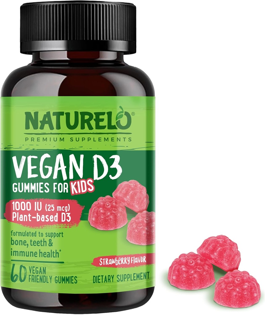 NATURELO Vegan D3 Gummi für Kinder - 1000 IU Vitamin D3 - Pflanzenbasierte Ganze Nahrungsergänzung für Kinder 4 und älter - 60 Vegan-Friendly Gummies