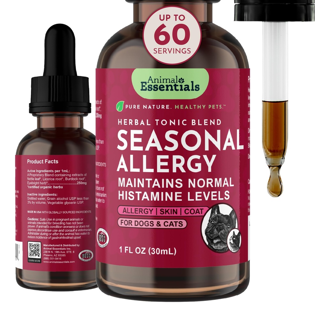 Animal Essentials Saisonale Allergy- Kräuter-Formel für Hunde & Katzen für okziöses Allergy Relief, süßer Geschmack, 100% Bio Human Grade Kräuter, Veterinär empfohlene Tier Wellness Tonics - 1 Fl Oz