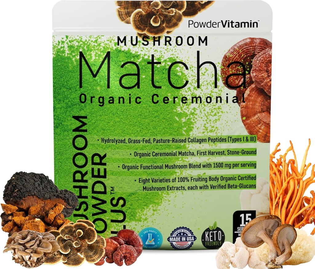 PowderVitamine Bio Mushroom Matcha Powder Certified Pesticide-Free Grass-Fed Collagen Types I & III, 8 Fruiting Body Mushrooms Tested for Beta-Glucans Focus Digestion & Immunity 15 portions