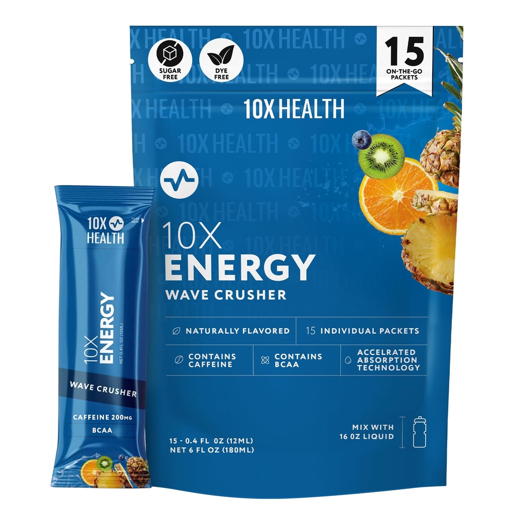 10X Health - Energy Wave Crusher - Energy Drink mit 200mg Koffein, BCAAs, B Vitamine, beschleunigte Absorption - Tropical Punch Pre-Workout Drink - 15 Getränke Mix Packets (Wave Crusher - Energy)