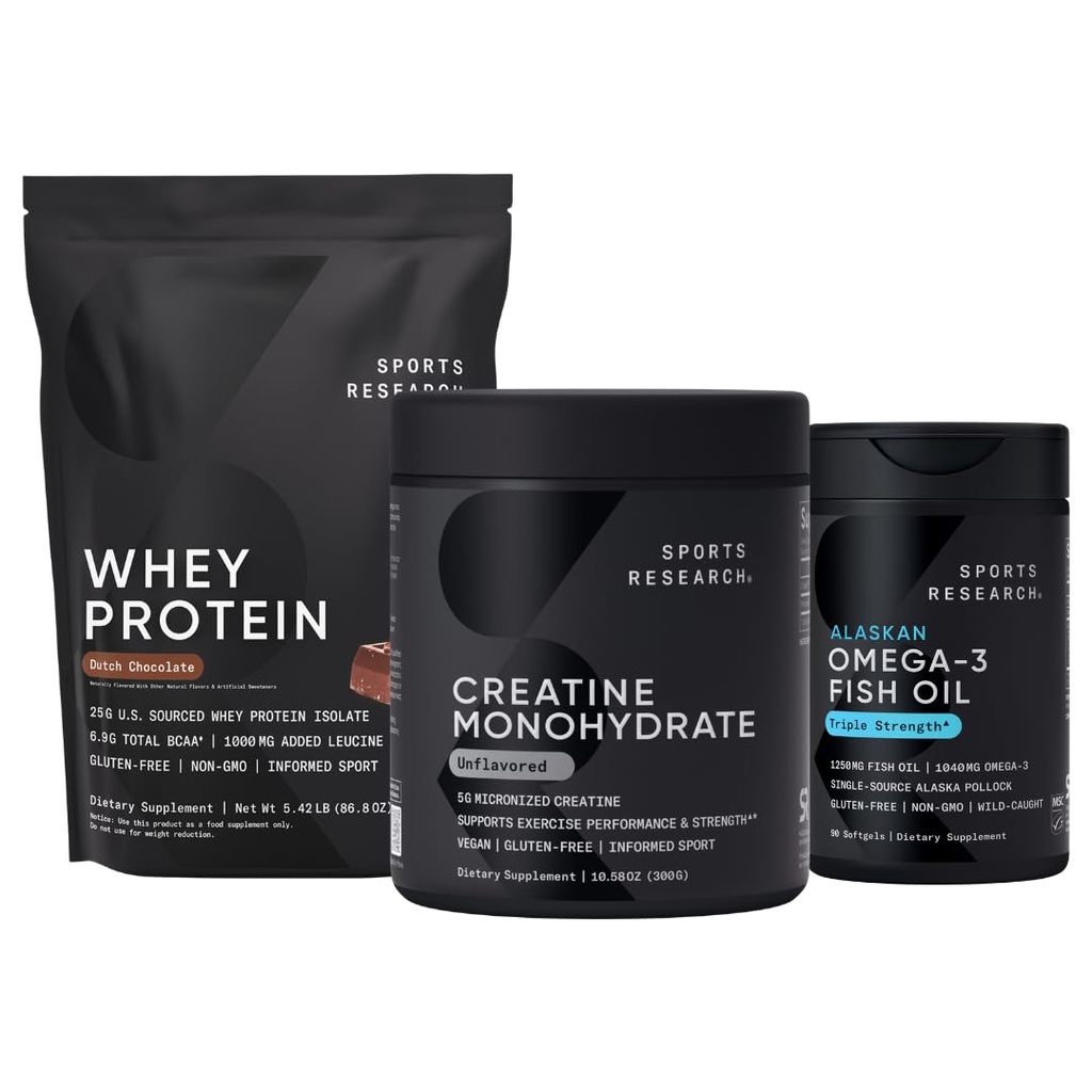 Sports Research® Whey Protein & Creatine Monohydrate le Duo Dynamique pour le Lean Muscle Building, Performance, Force & Workout Recovery et Triple Strength Omega 3 emballés avec des acides gras EPA & DHA