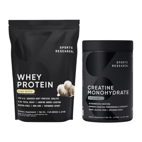 Sports Research® Creatine Monohydrate (100 portions) & Vanilla Whey Protein (63 portions), Le Duo Dynamique pour Lean Muscle Building, Amélioration de la Performance, Force et Récupération d'entraînement - Sports Nutritio