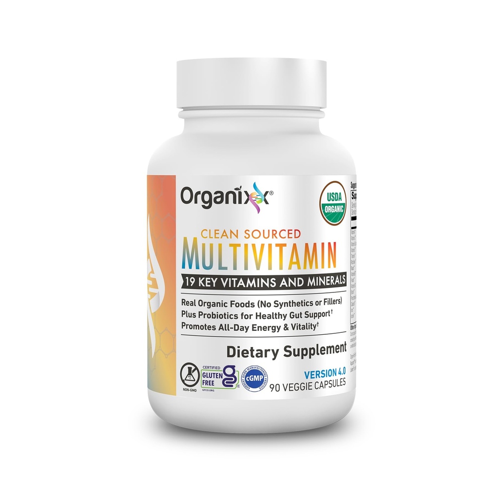 Multivitamine Vegan Organixx pour les femmes et les hommes, avec Vitamine C, D3, Complexe Vitamine B, Probiotiques, Fruits et Légumes Biologiques, Soutiens Digestion, Santé Gut, Soutien immunitaire, 90 Capsules Gel