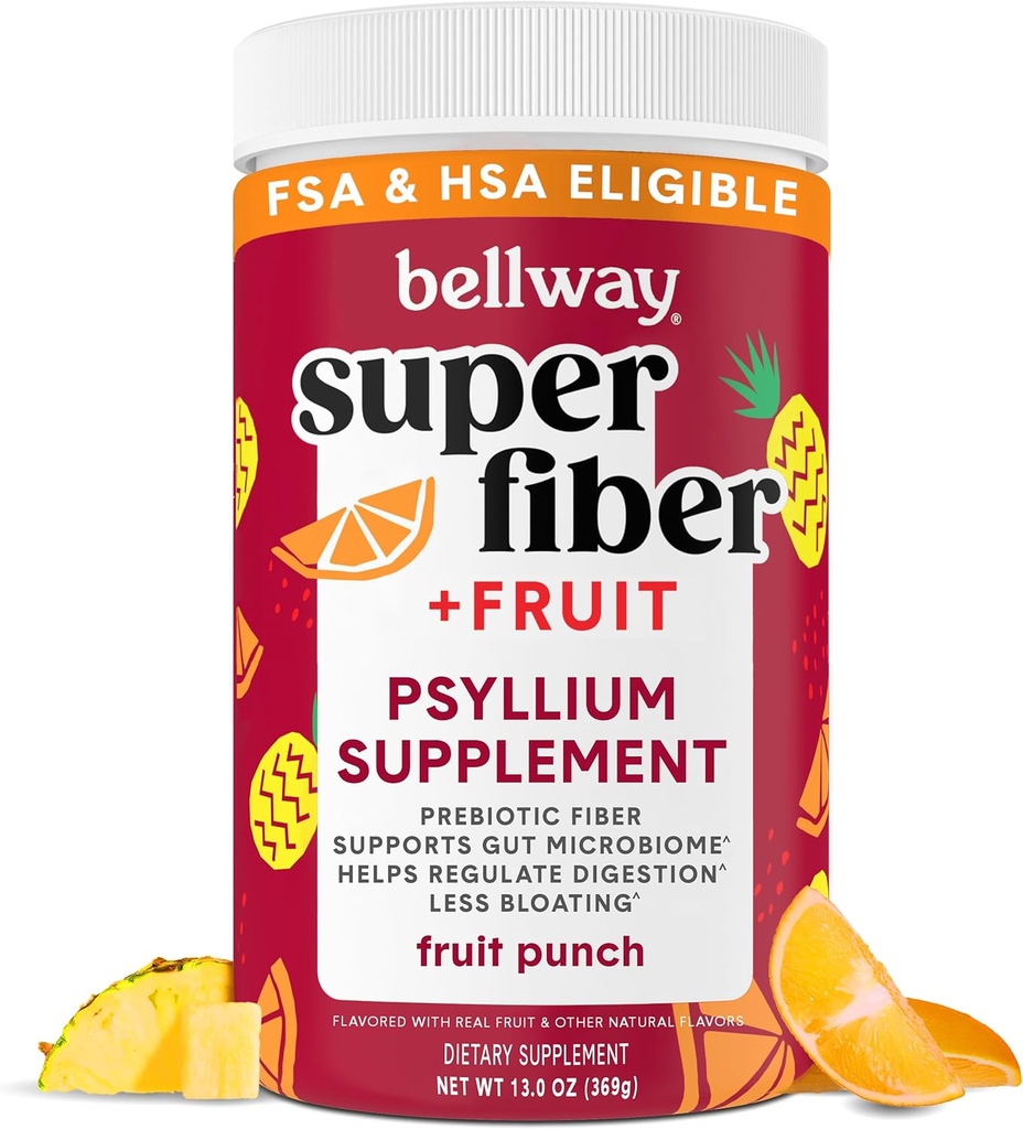 Bellway Super Fiber Powder + Fruit, Sugar Free Organic Psyllium Husk Pulver-Ergänzung für Regularität, Bloating Relief & Digestive Health, Plant-Based, Fruit Punch (50 Portionen)