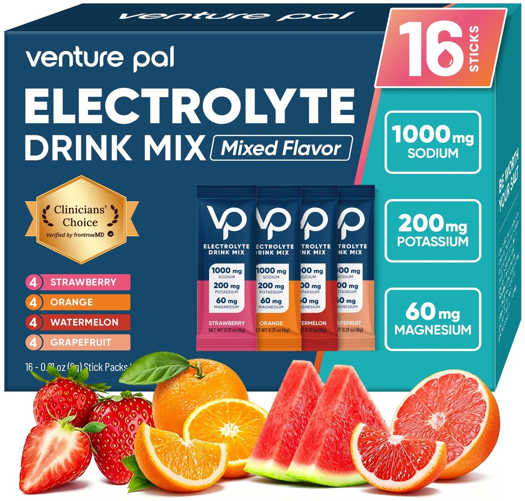Venture Pal High Sodium Sugar Free Electrolytes Powder Packet - Hydration Packets mit Vitamin, Sodium & Kalium | Zero Calories | Vegan, Keto & Paleo Friendly Electrolyte Drink Mix - 16 Sticks
