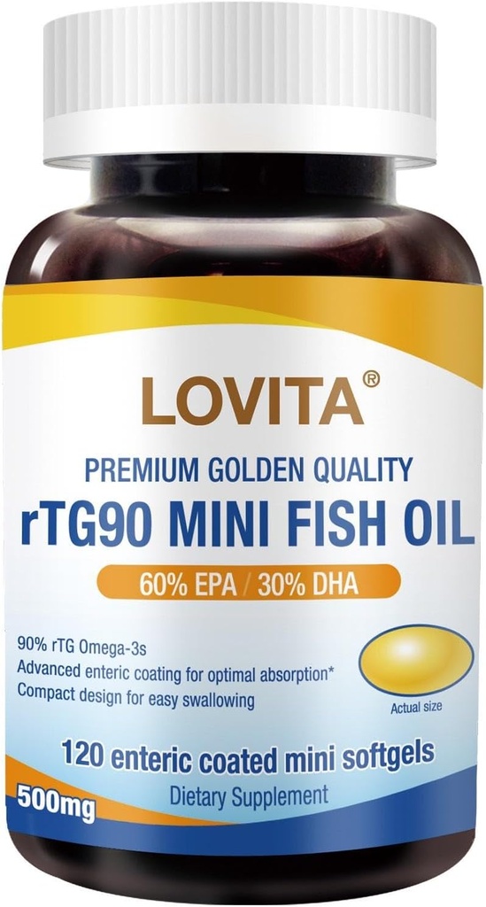Lovita rTG 90 Mini Fish Oil, 2000mg Daily| Hohe Absorption rTG Form, 90% Omega-3 | Burpless, einfach zu schlucken | Unterstützt gesunde Herz, Gehirn und Augen | 120 Enteric-Coated Softgels
