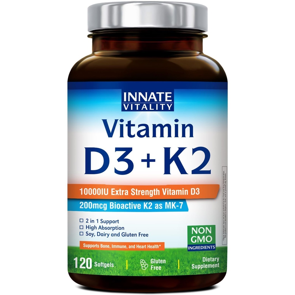Innate Vitality Vitamin D3 K2 Supplement, High Potency Vitamin D3 10000 IE & Vitamin K2 (MK-7) 200 mcg, Unterstützt Knochen, Zähne, Herz & Immune Health, Non-GMO, Glutenfrei, 120 Softgels