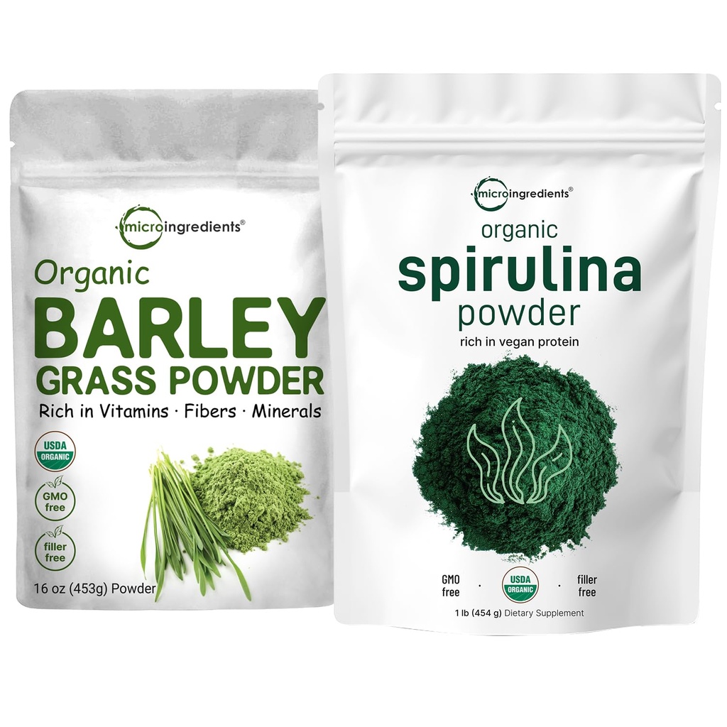 Micro Ingredients Organic Spirulina Powder 1lb & Organic Barley Grass Powder 16oz Bundle 2 Pack | Raw Superfoods | Rich in Vegan Protein, Fibers, Minerals, & Vitamins