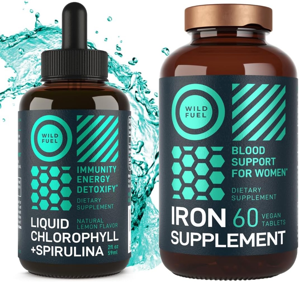 WILD FUEL Eisen Tabletten für Frauen mit Folsäure und flüssigem Chlorophyll mit Spirulina weibliche Gesundheit und Detox Bundle