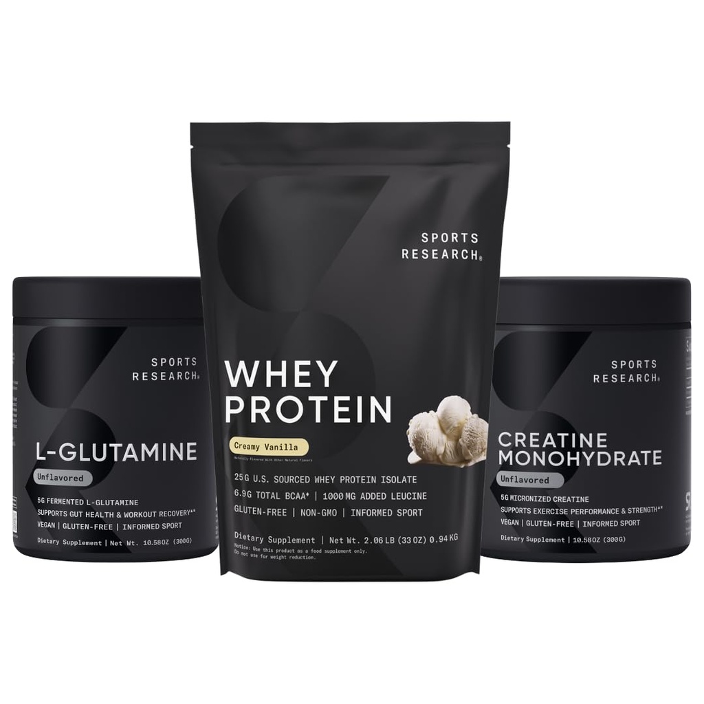 Matrix de récupération de Sports Research® - Poudre de protéines isolates de lactosérum 2.1lb + L-glutamine 10.58 Oz + Monohydrate de créatine 10.58 Oz