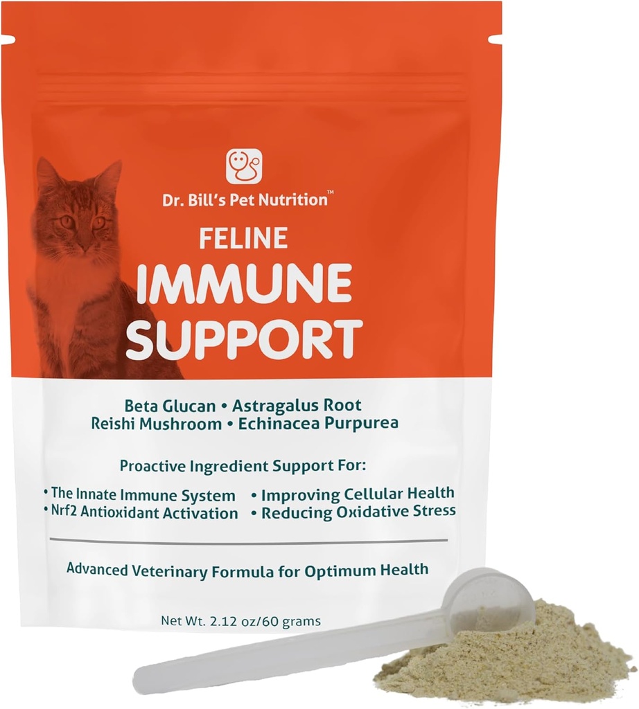 Le Dr Bill's Feline Imune Support (en anglais seulement) stimule l'immunité et la santé des chats avec Colostrum, Beta Glucan, Turkey Tail Mushroom, Zinc et vitamine C.
