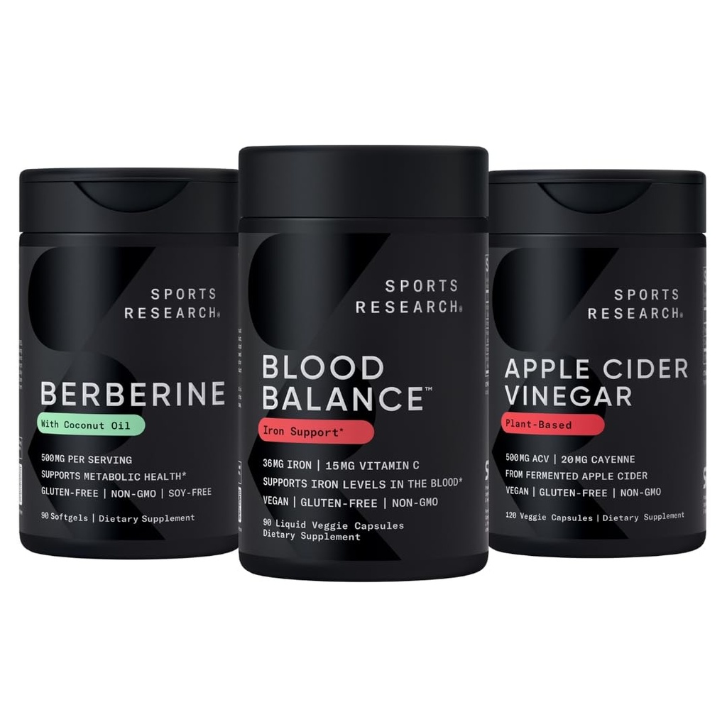 Sports Research Blood Control Pack - Supplément de fer pour bilan sanguin - 36 MG Fer + Folate et vitamine C pour l'absorption + Berberine 500 mg + vinaigre de cidre de pomme avec poivre Cayenne