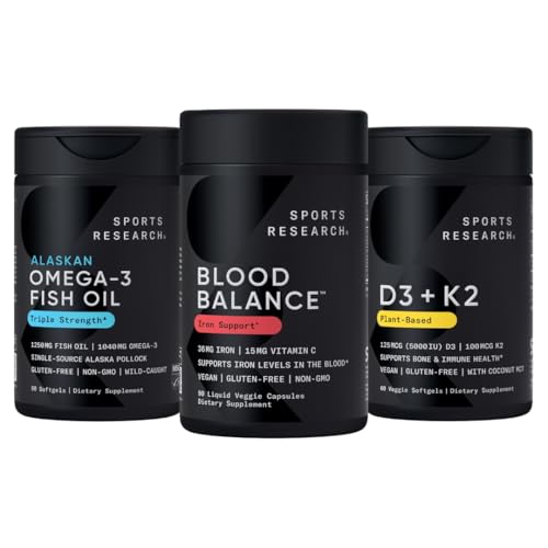 Sports Research Blood Control Pack - Blood Balance Iron Supplement - 36 MG Iron + Folate & Vitamin C for Absorption + Omega-3 Fish Oil 1250 + Vitamin D3 + K2 5000 IU