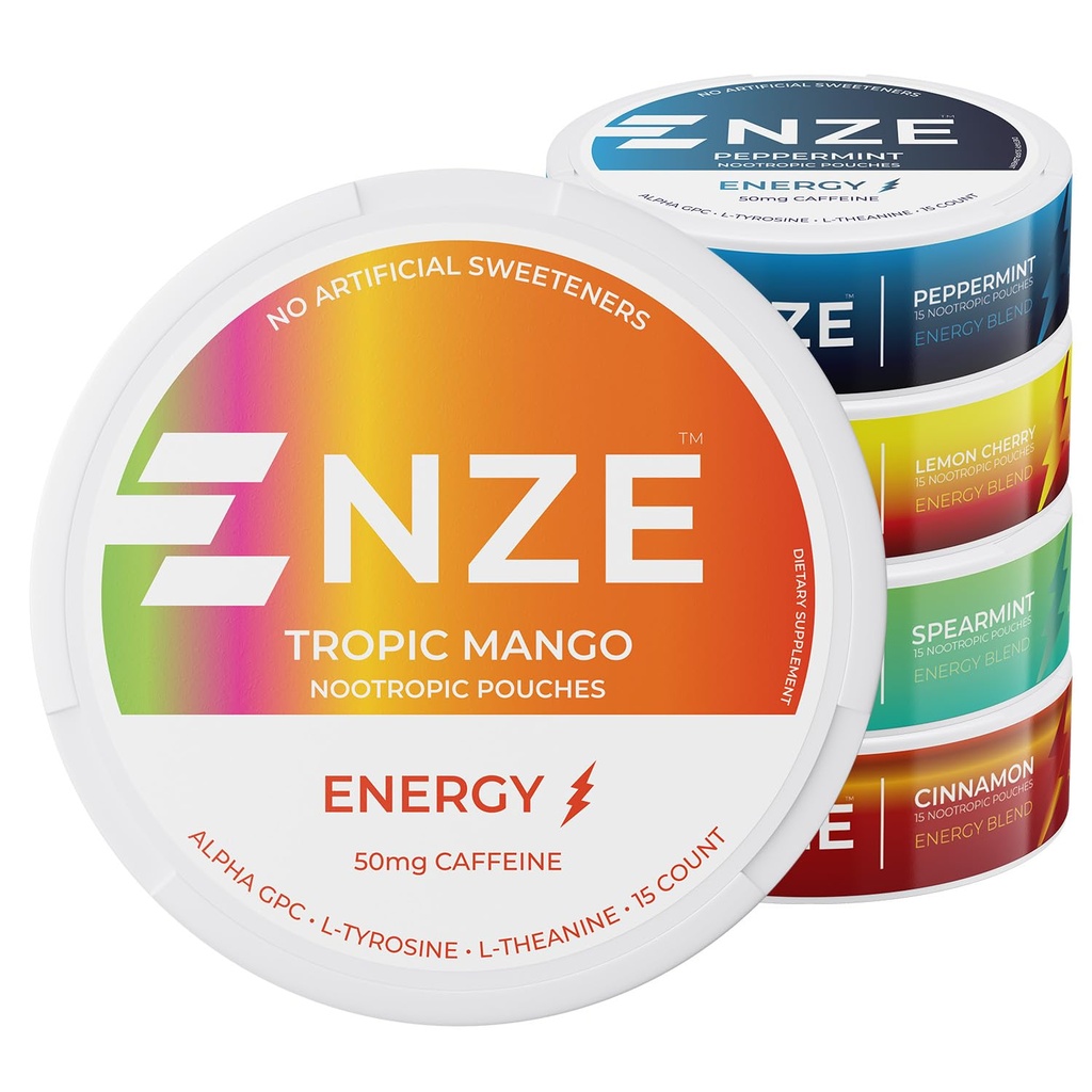 NZE Caffeine Pochettes Nootropiques (Paquet Variety) - Pochettes énergétiques avec 50 mg de caféine, Alpha GPC, L-Tyrosine et L-Theanine sans sucre ou édulcorants artificiels - 15 Pochettes par boîte - 5 Pack