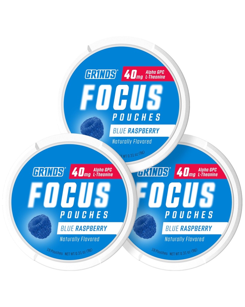 Pochettes Focus GRINDS - naturellement aromatisées avec des ingrédients nootropes - Contient Alpha GPC et L-Theanine, sans sucre - 3 Pack, 18 Pochettes par boîte - Blue Raspberry