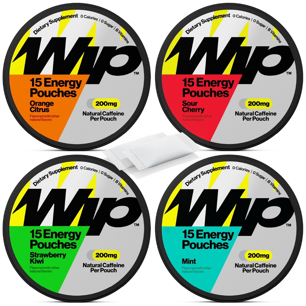 Wip Energiebeutel | 200mg natürliches Koffein | Vitamine und Mineralien | 4 Packung sortiert: Sauerkirsche, Minze, Orange Citrus, Erdbeer-Kiwi